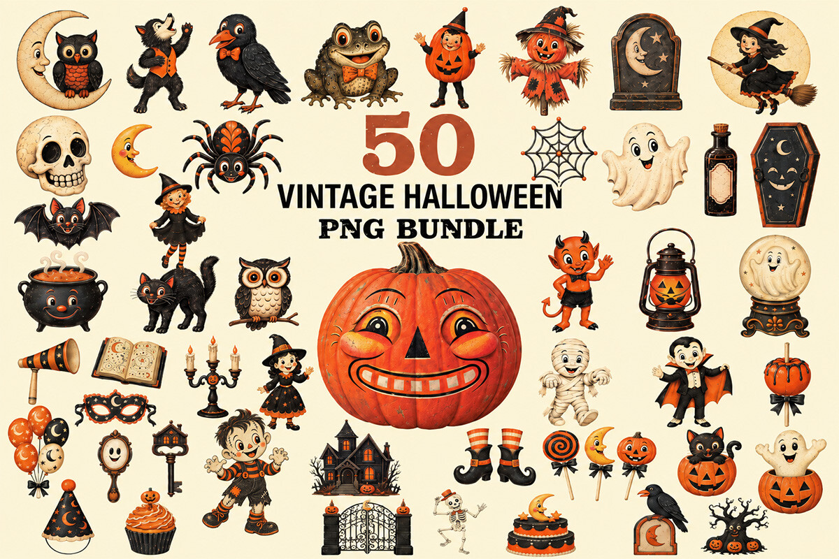 50 Vintage Halloween Clipart PNG Bundle