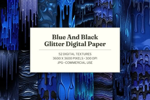 Blue and Black Glitter Digital Paper
