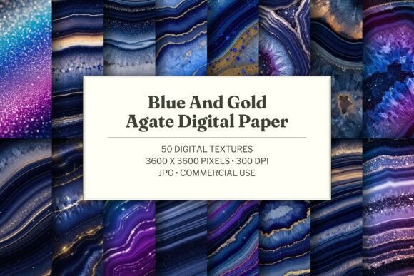 Blue and Gold Agate Digital Paper