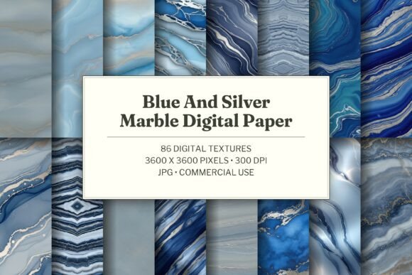 Blue and Silver Marble Digital Paper
