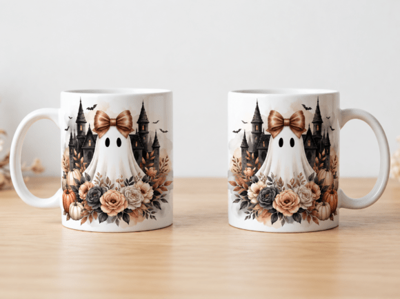 Cute Halloween Ghost Floral Mug Design Graphics