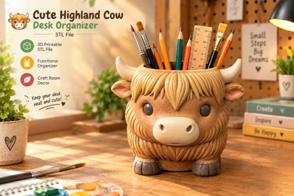 Cute Highland Cow Desk Organizer STL – 3D Printable Pen Holder & Farmhouse Decor - Image 1
