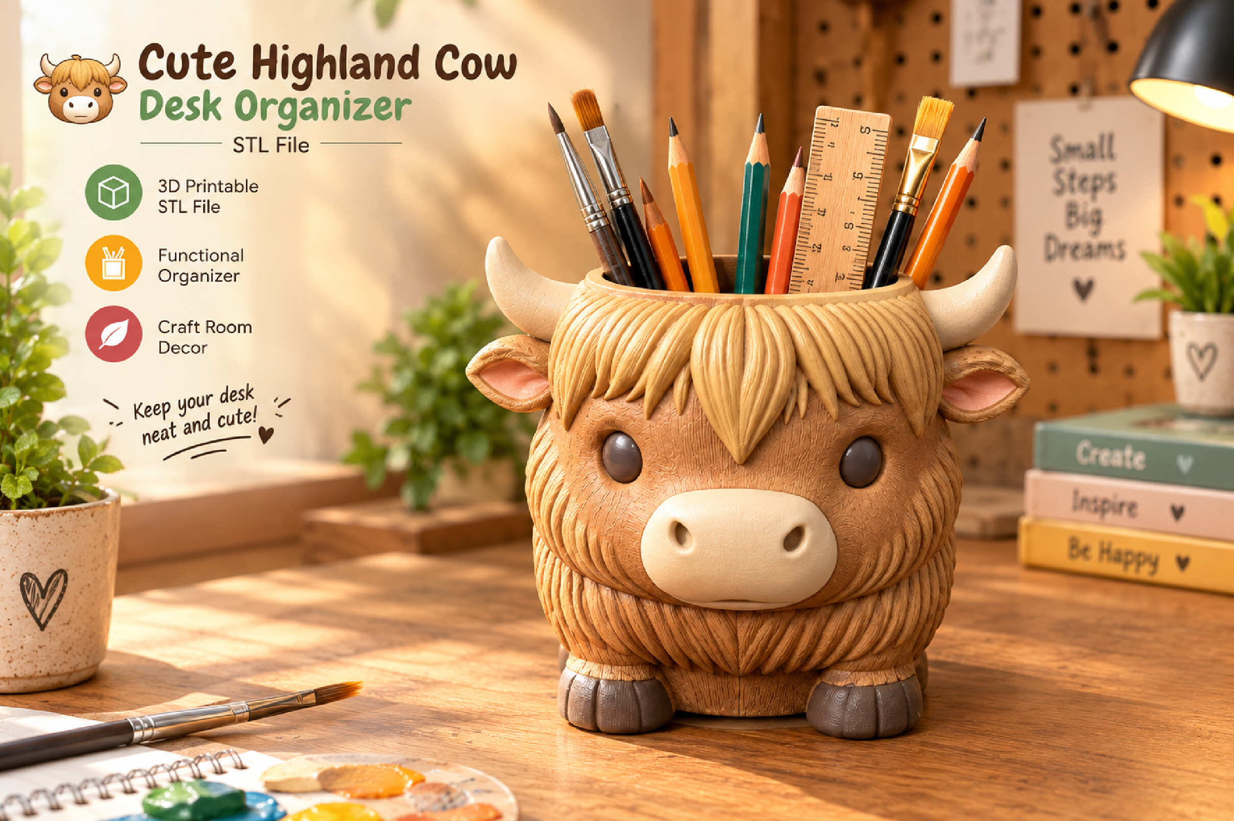 Cute Highland Cow Desk Organizer STL – 3D Printable Pen Holder & Farmhouse Decor - Image 4