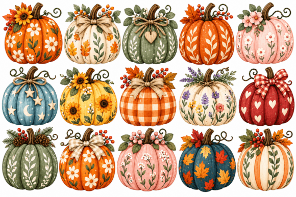 Fall Floral Boho Pumpkin Clipart Bundle