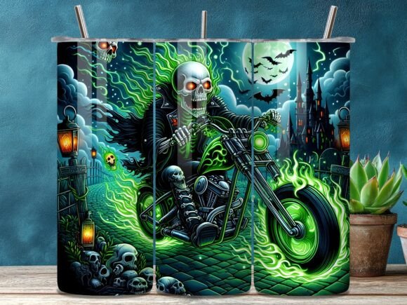 Green Flame Skull Biker Tumbler Wrap