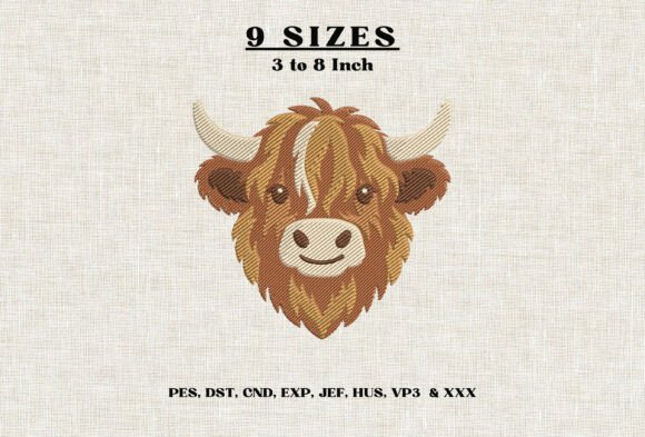 Highland Cow Head Embroidery Design DST