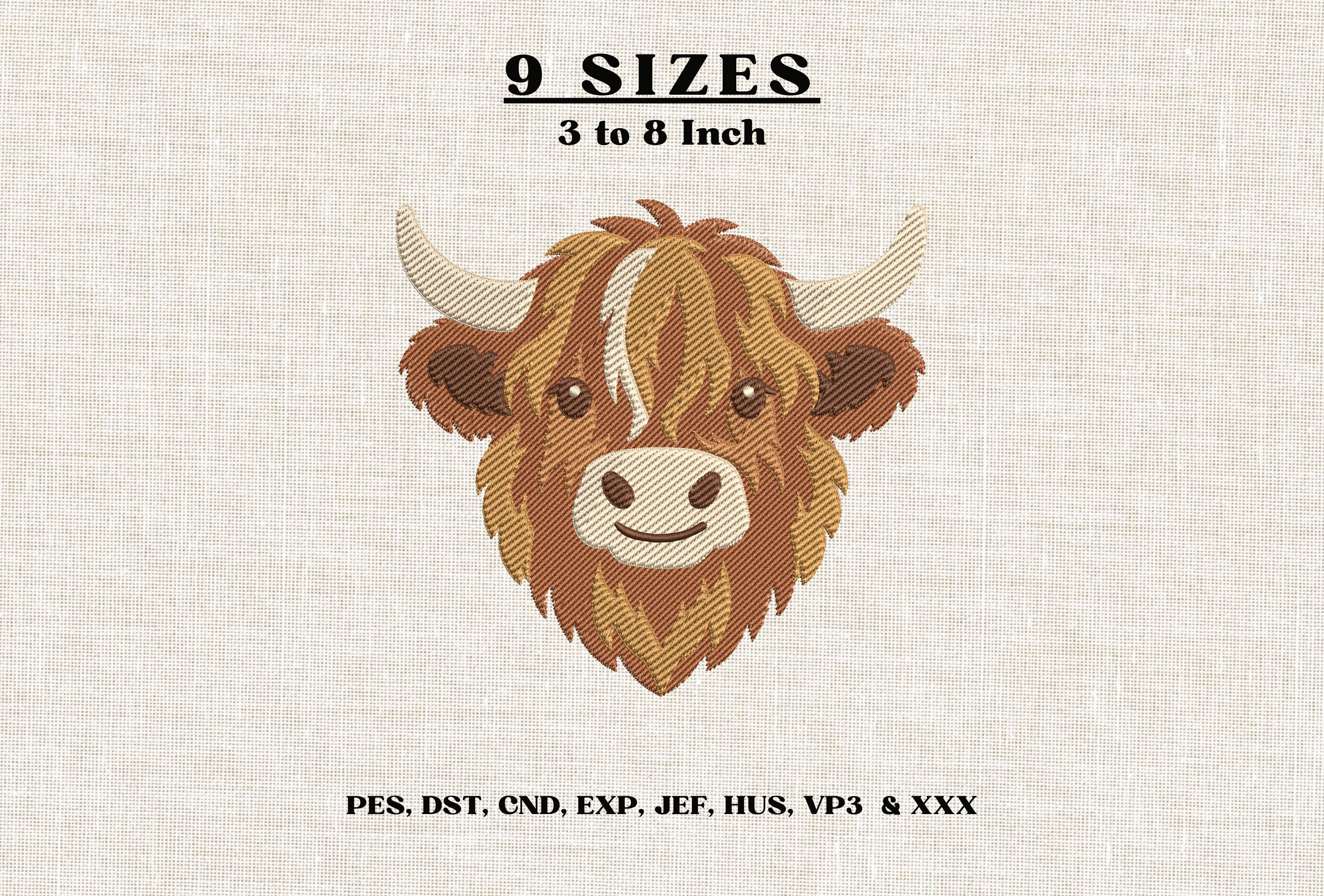 Highland Cow Head Embroidery Design DST