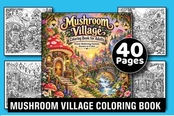 Mushroom Village Adult Coloring Book