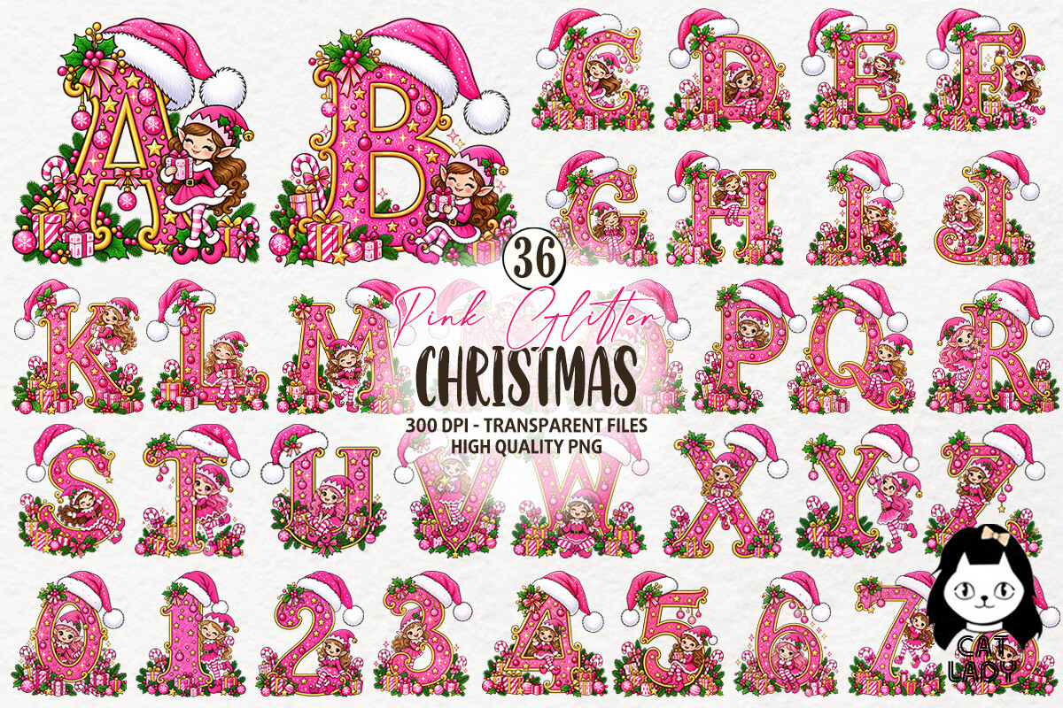 Pink Glitter Christmas Alphabet Clipart