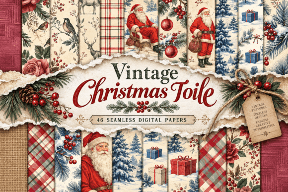 Vintage Christmas Toile Digital Papers