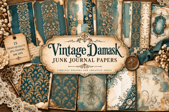 Vintage Damask Junk Journal Papers