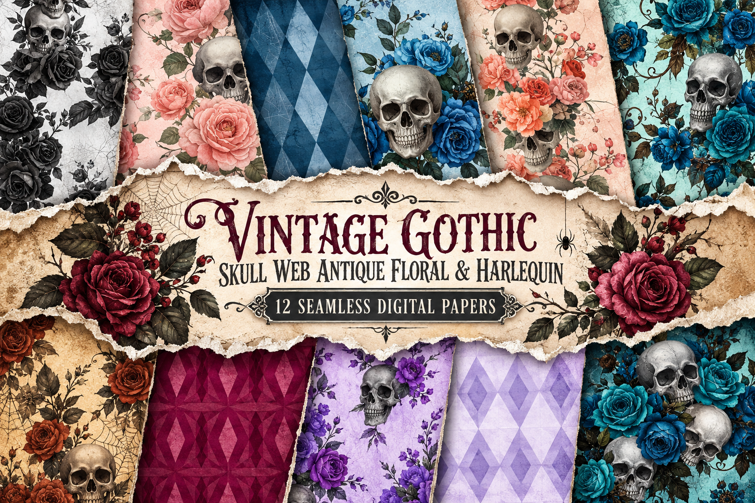 Vintage Gothic Skull Web Antique Floral
