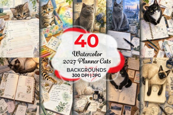 Watercolor 2027 Planner Cats Backgrounds