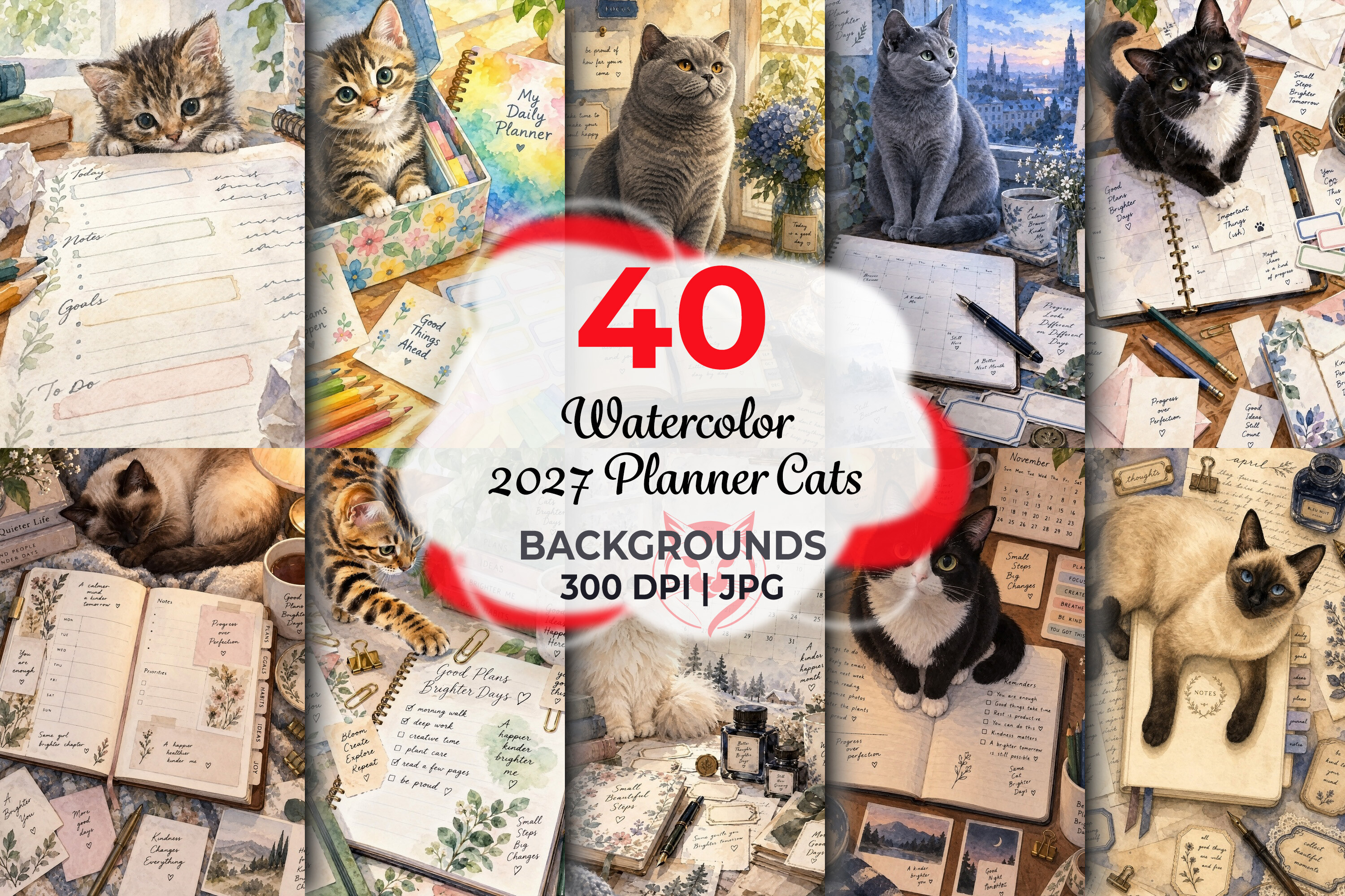 Watercolor 2027 Planner Cats Backgrounds