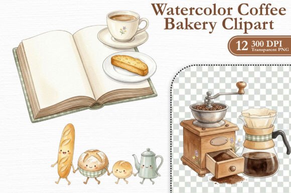 Watercolor Coffee Bakery Clipart PNG