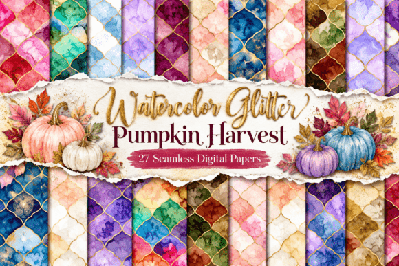 Watercolor Glitter Pumpkin Harvest Paper Graphics