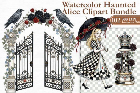 Watercolor Haunted Alice Clipart Bundle