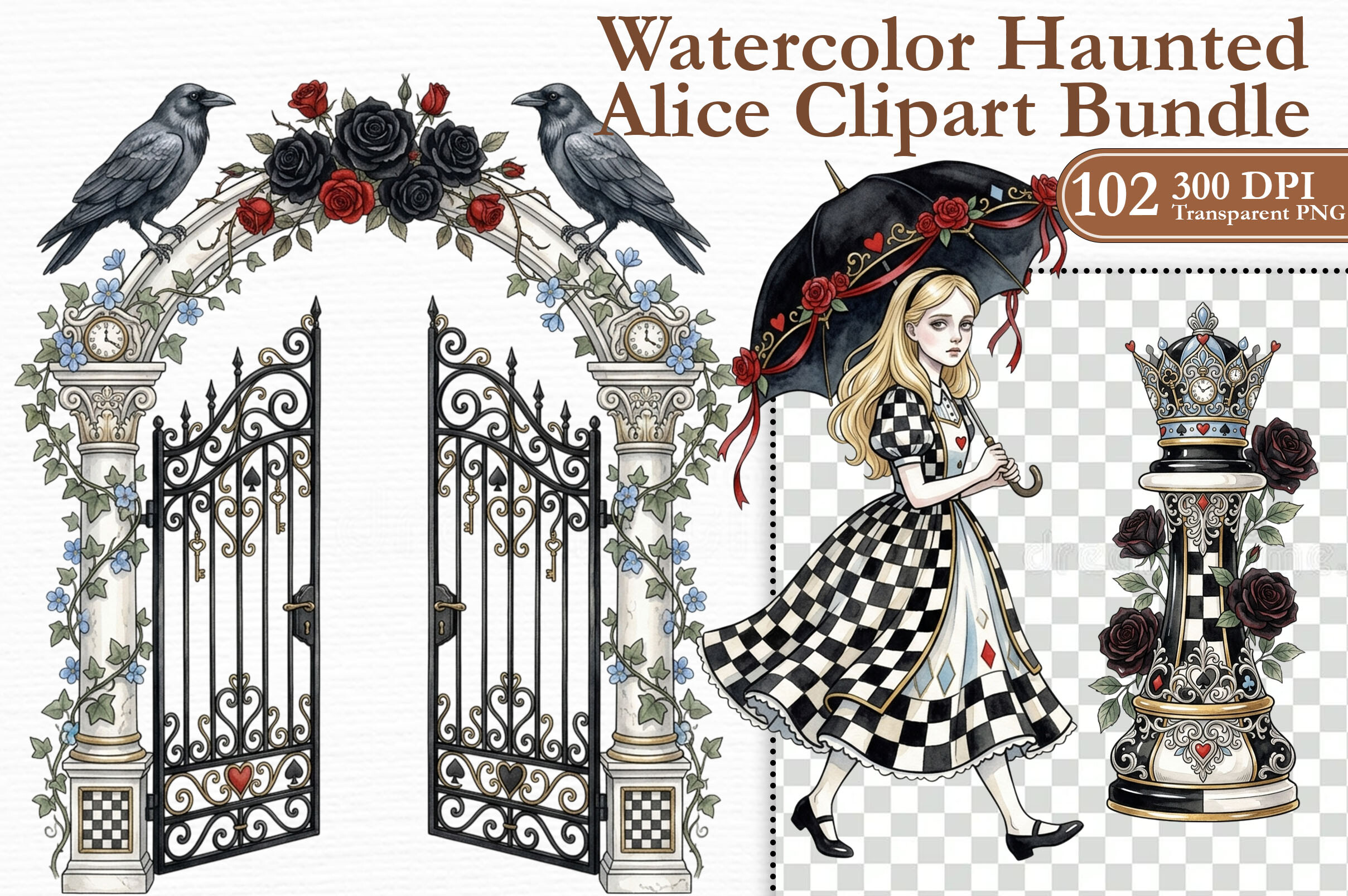 Watercolor Haunted Alice Clipart Bundle
