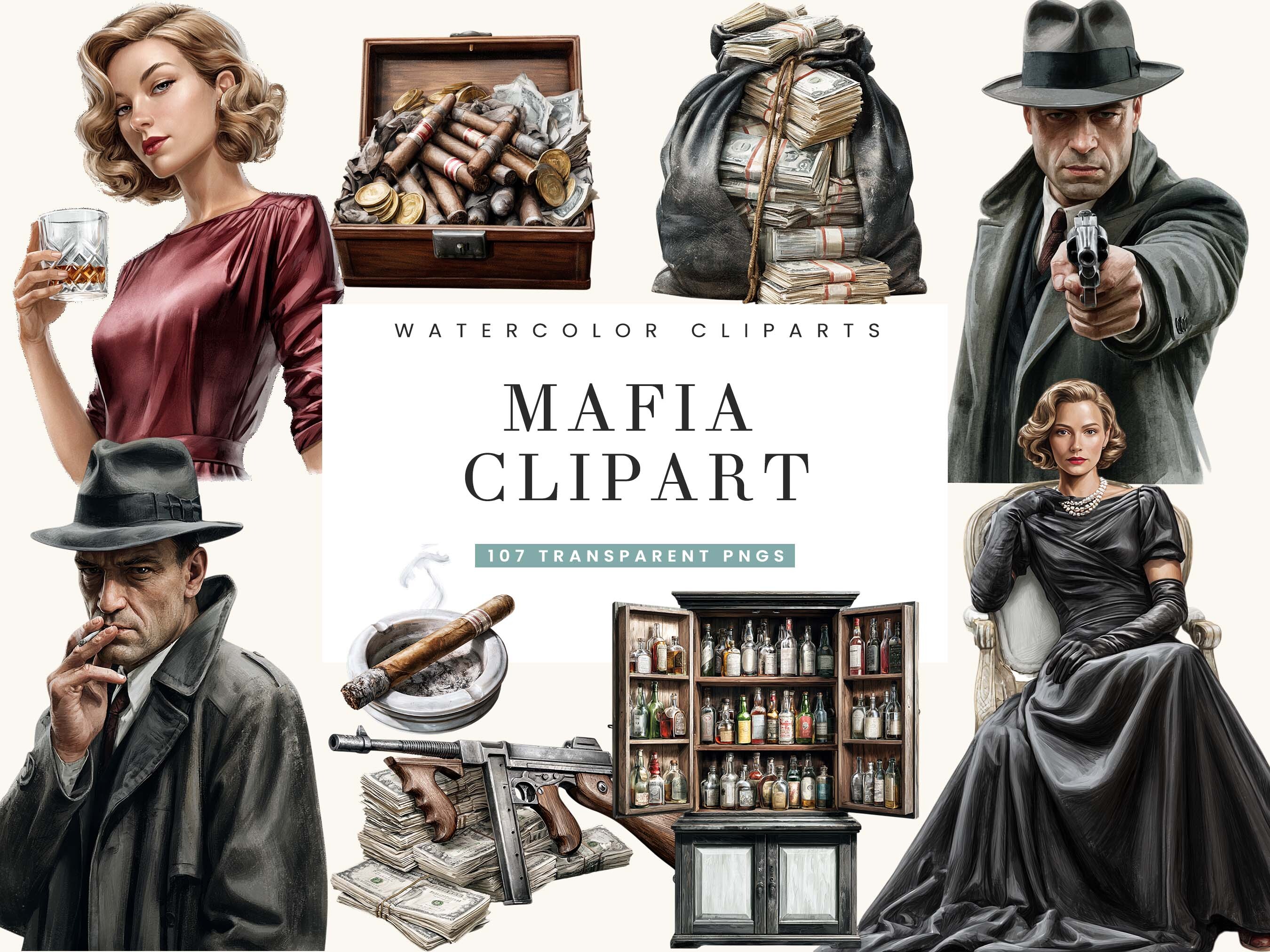 Watercolor Mafia Clipart Bundle