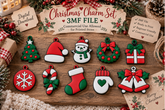 10 Christmas Charms 3D Print Files – 3MF Multicolour FDM Designs for Keychains & Earrings - Image 1