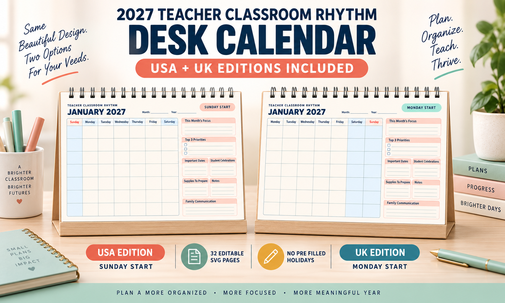 2027 Teacher Desk Editable Calendar SVG