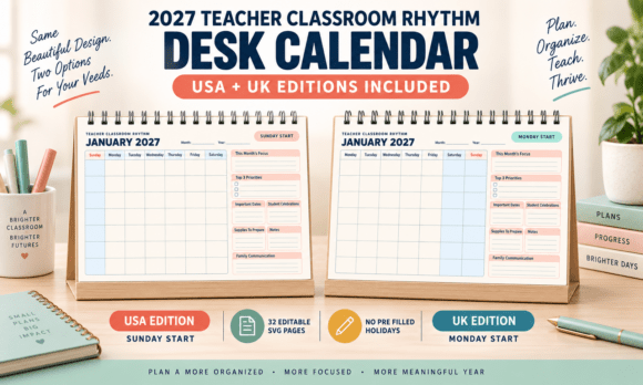 2027 Teacher Desk Editable Calendar SVG Grafika Szablony do Druku Przez alfaysal360