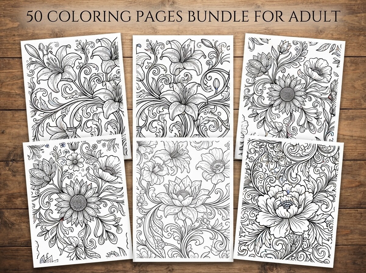 50 Floral Coloring Pages Bundle