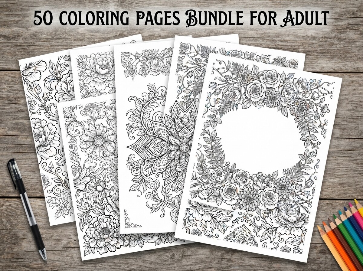 50 Floral Coloring Pages Bundle