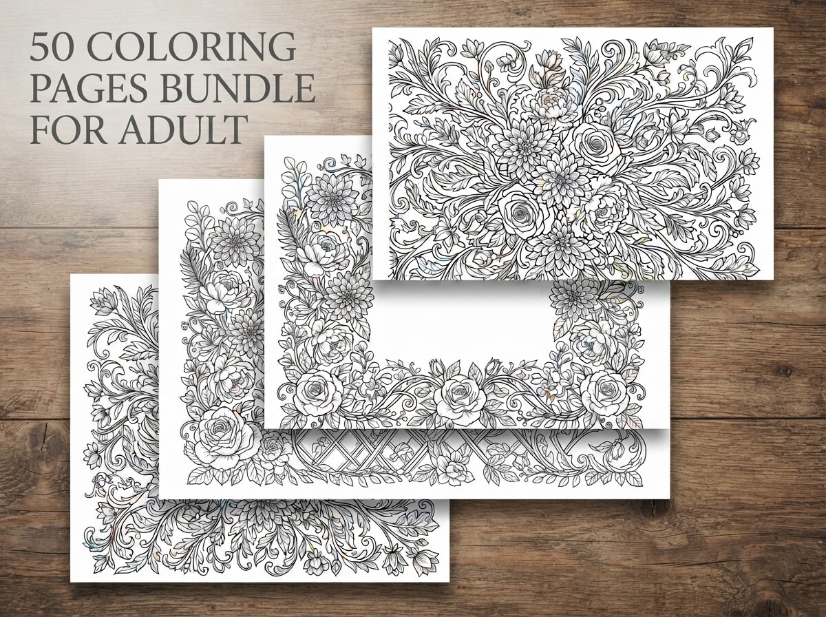 50 Floral Coloring Pages Bundle