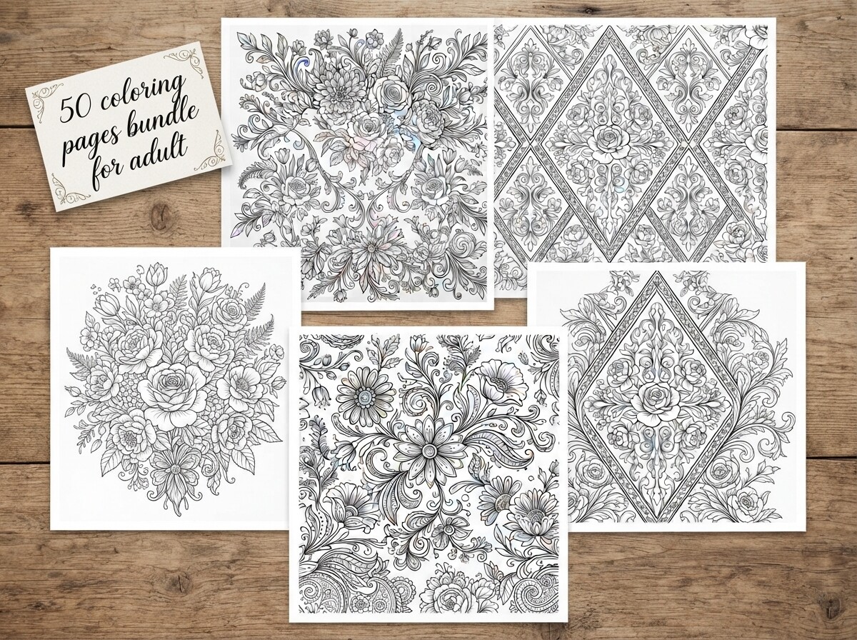 50 Floral Coloring Pages Bundle