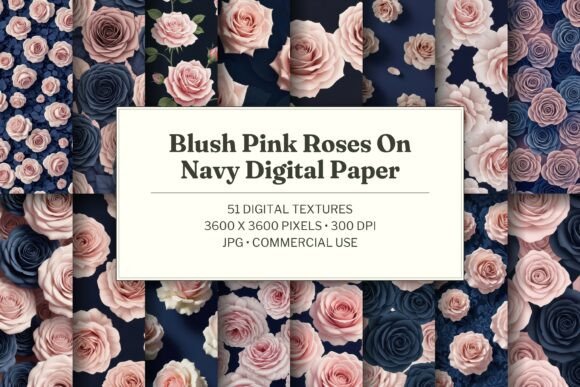 Blush Pink Roses on Navy Digital Paper
