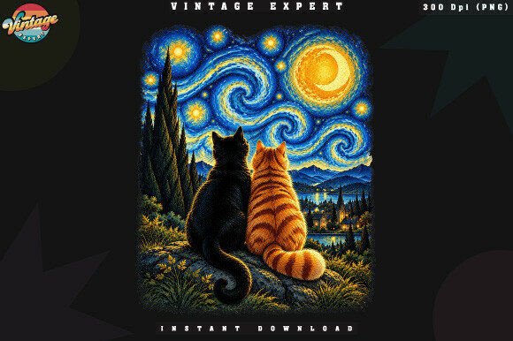 Celestial Cats Under Moon PNG Graphic Illustrations By Vintage Expert