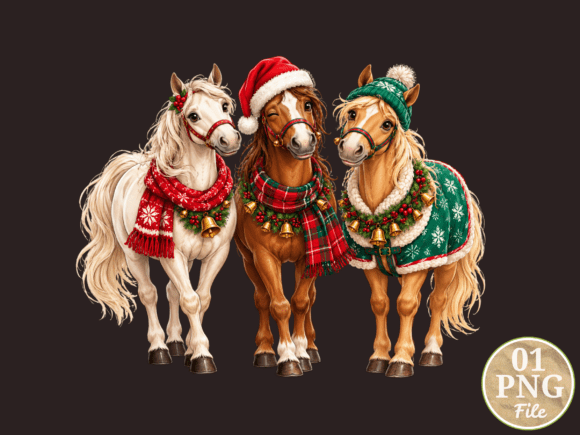 Christmas Horse Trio PNG, Festive Winter