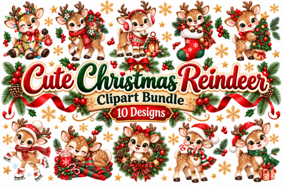 Cute Christmas Reindeer Clipart Bundle