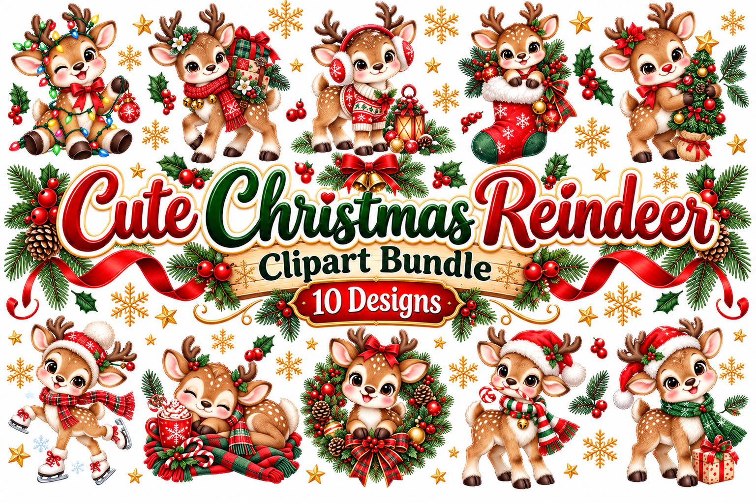 Cute Christmas Reindeer Clipart Bundle