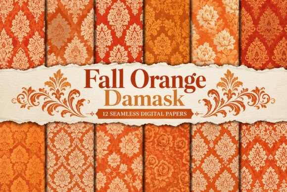 Fall Orange Damask Digital Papers