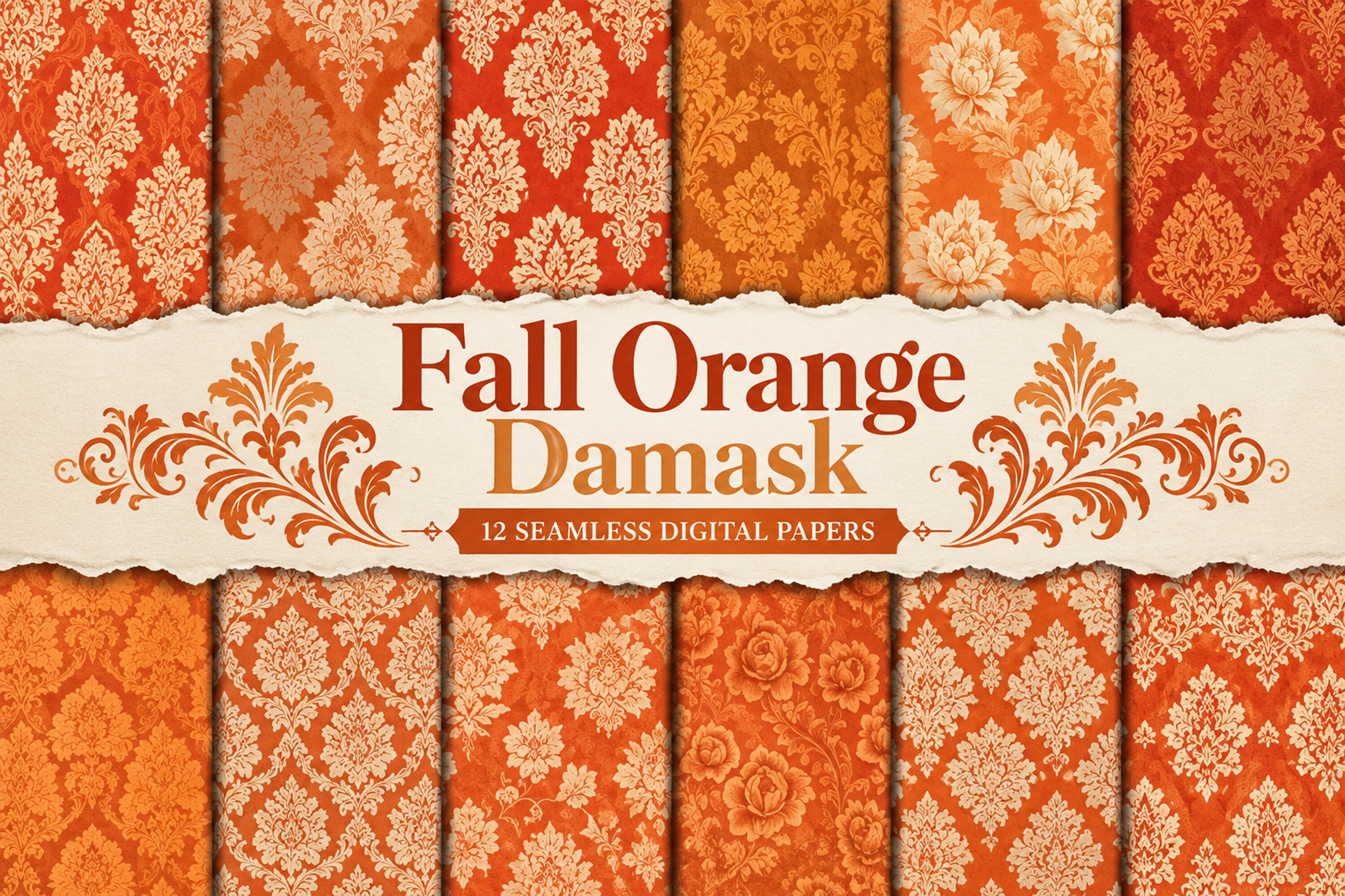 Fall Orange Damask Digital Papers