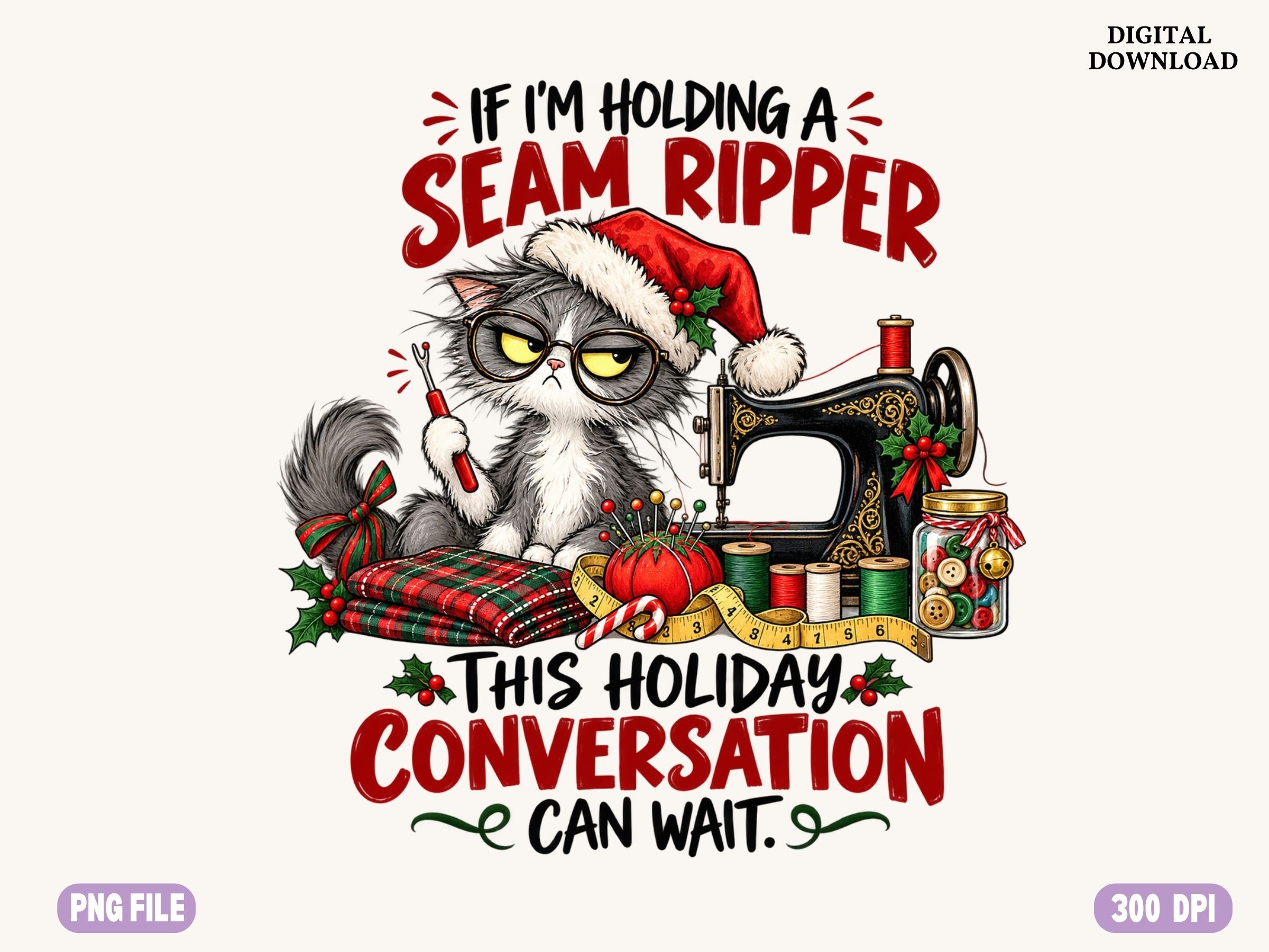 Funny Christmas Cat Sewing PNG,