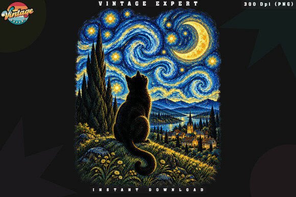 Mystical Cat Night Landscape PNG Graphic Illustrations By Vintage Expert