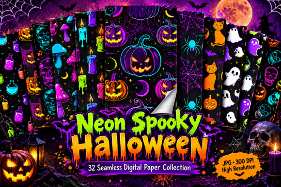 Neon Spooky Halloween Digital Paper