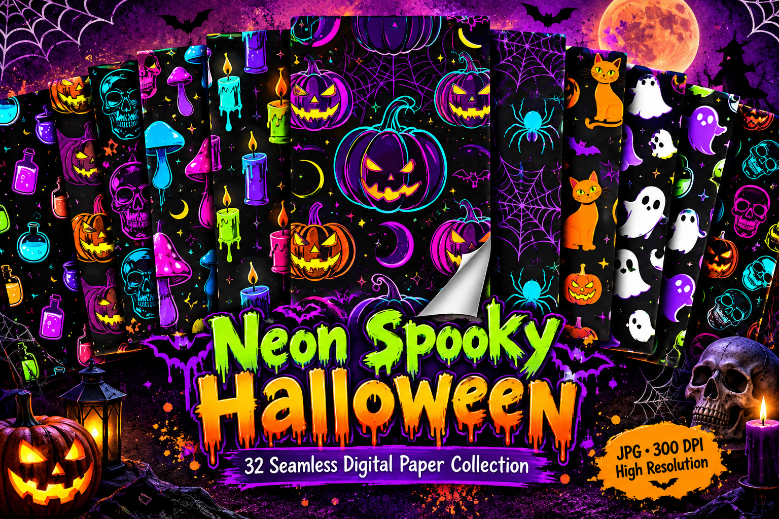 Neon Spooky Halloween Digital Paper