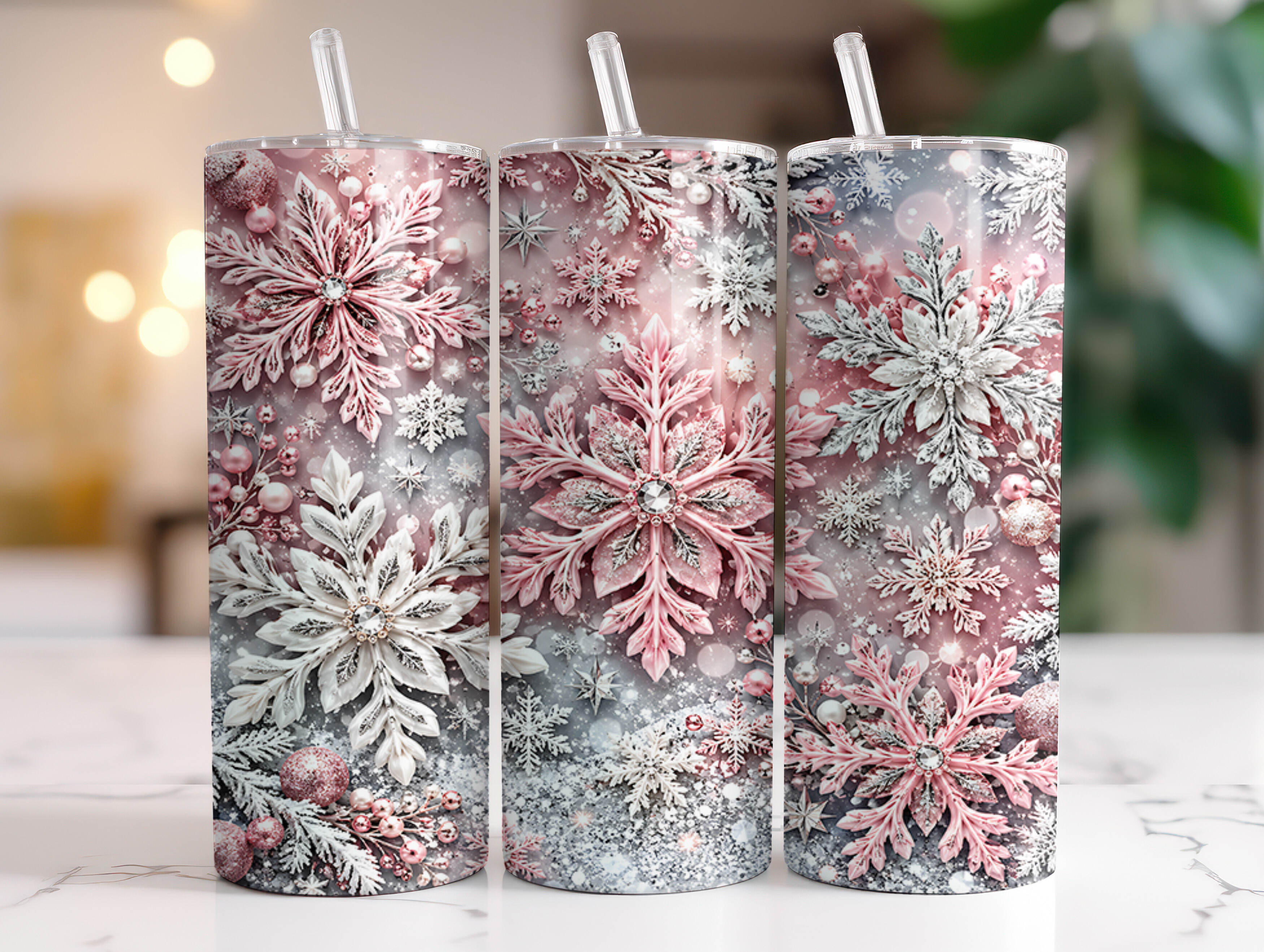 Pink Christmas Snowflake Tumbler Wrap