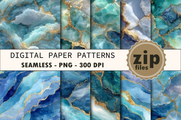 Sky Blue Gold Marble Digital Papers
