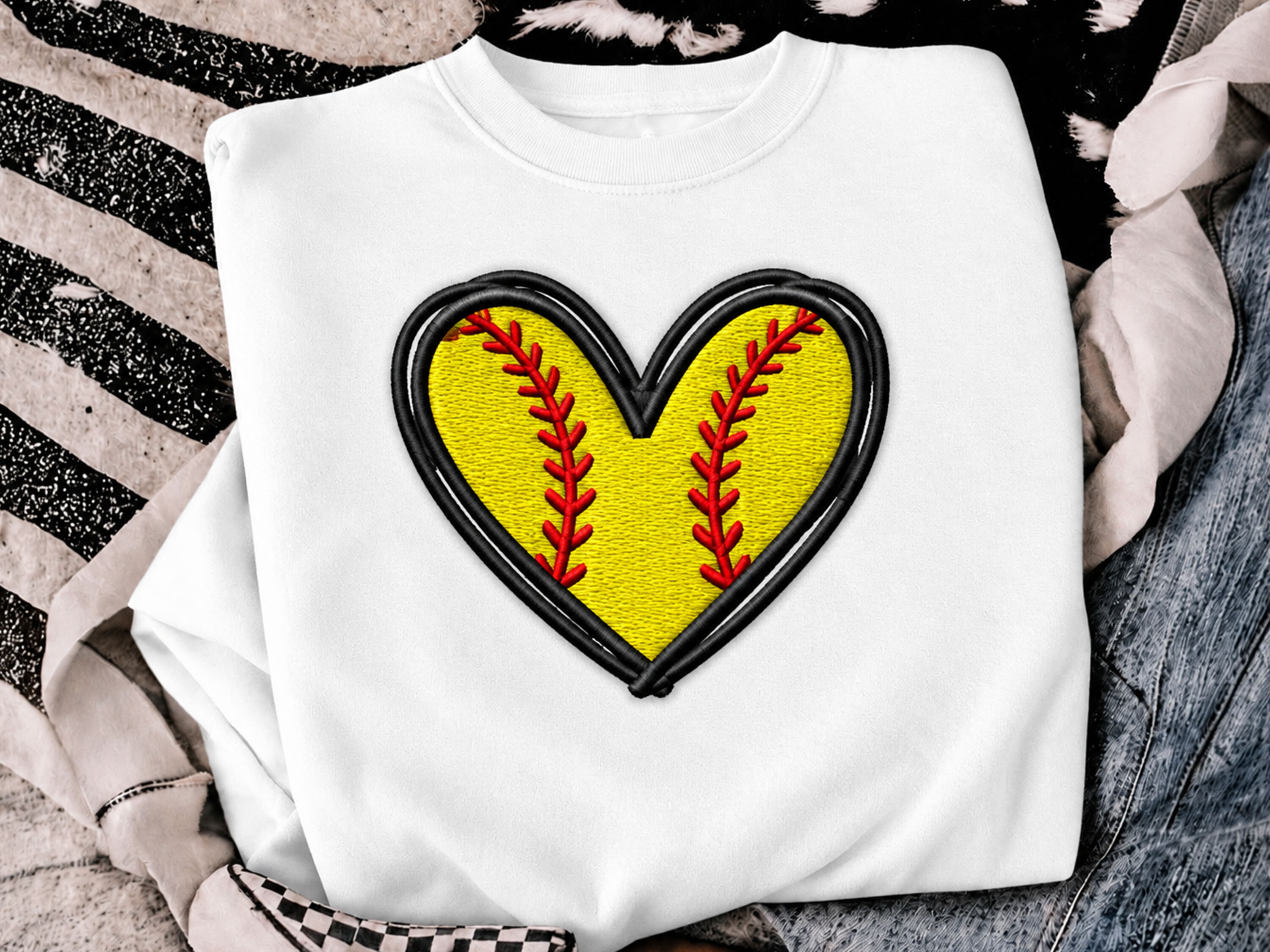 Softball Heart Embroidery Design, 4 Size