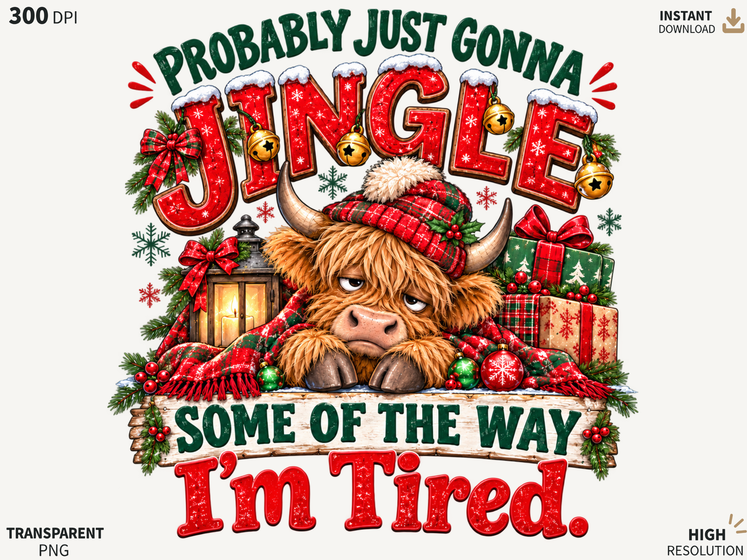 Tired Highland Cow Christmas PNG
