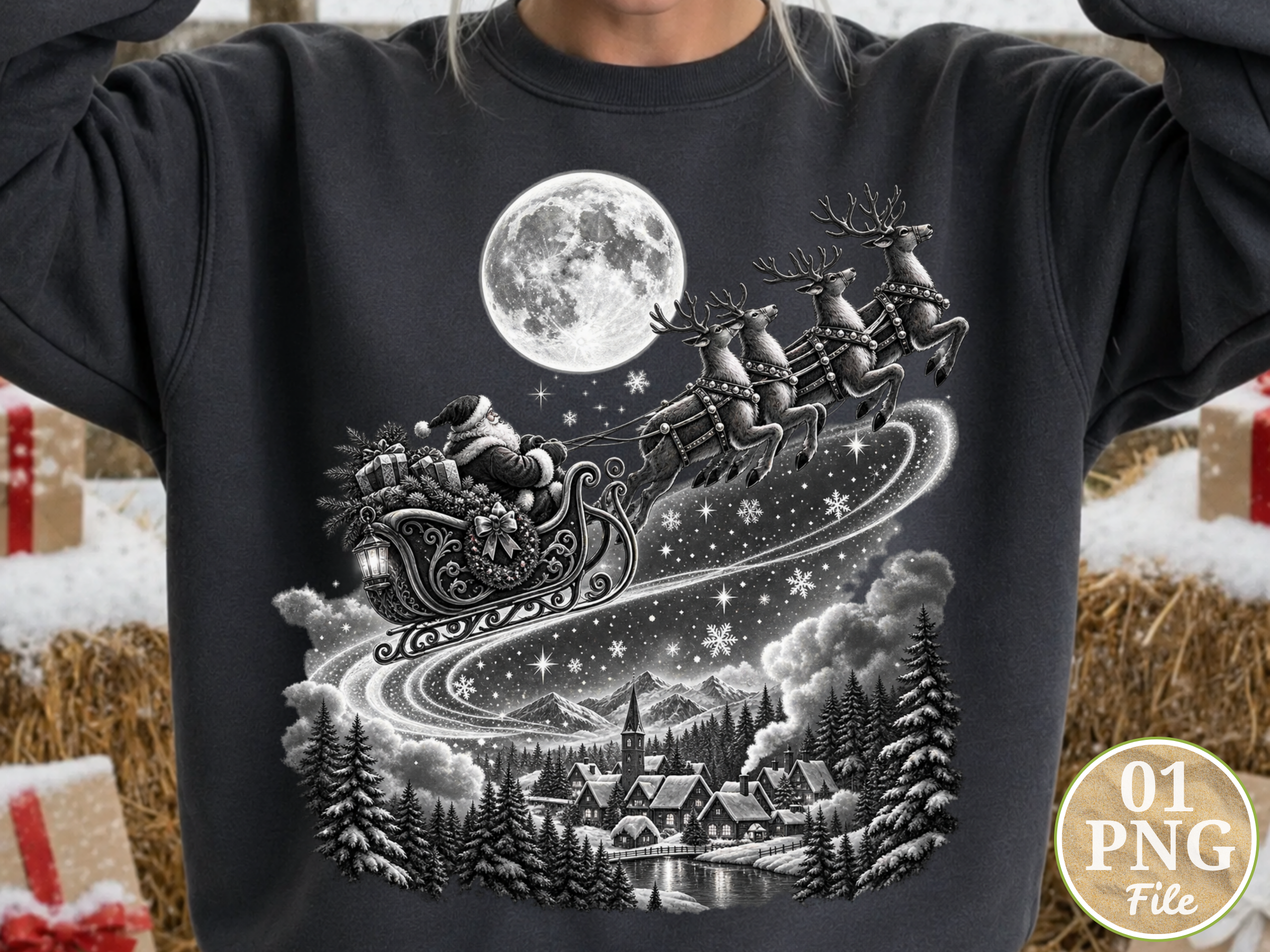 Vintage Santa Sleigh Christmas PNG, Moon