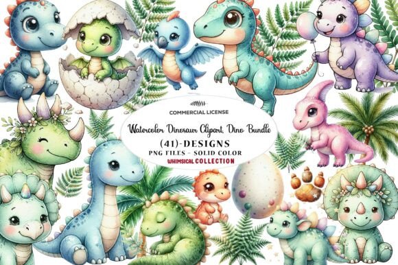 Watercolor Dinosaur Clipart. Dino Bundle