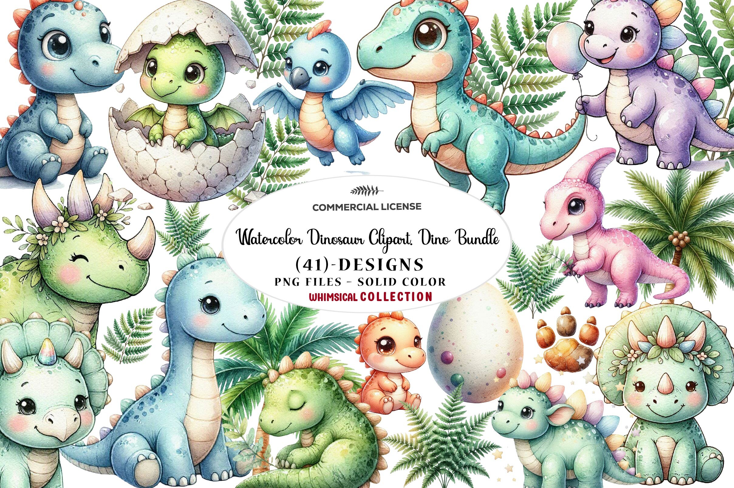 Watercolor Dinosaur Clipart. Dino Bundle