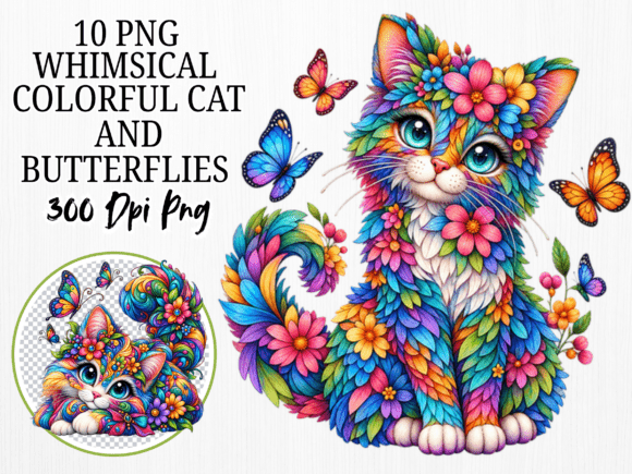 Whimsical Colorful Cat Butterfly Clipart