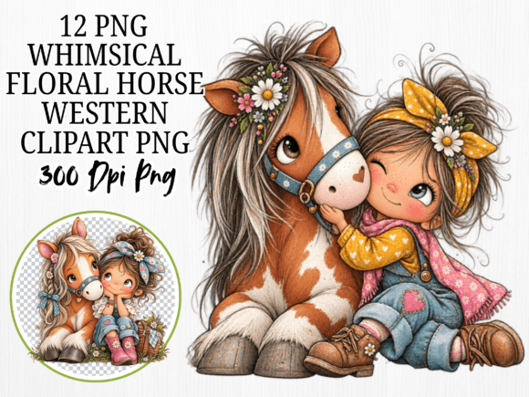 Whimsical Floral Horse Girl Clipart Bund